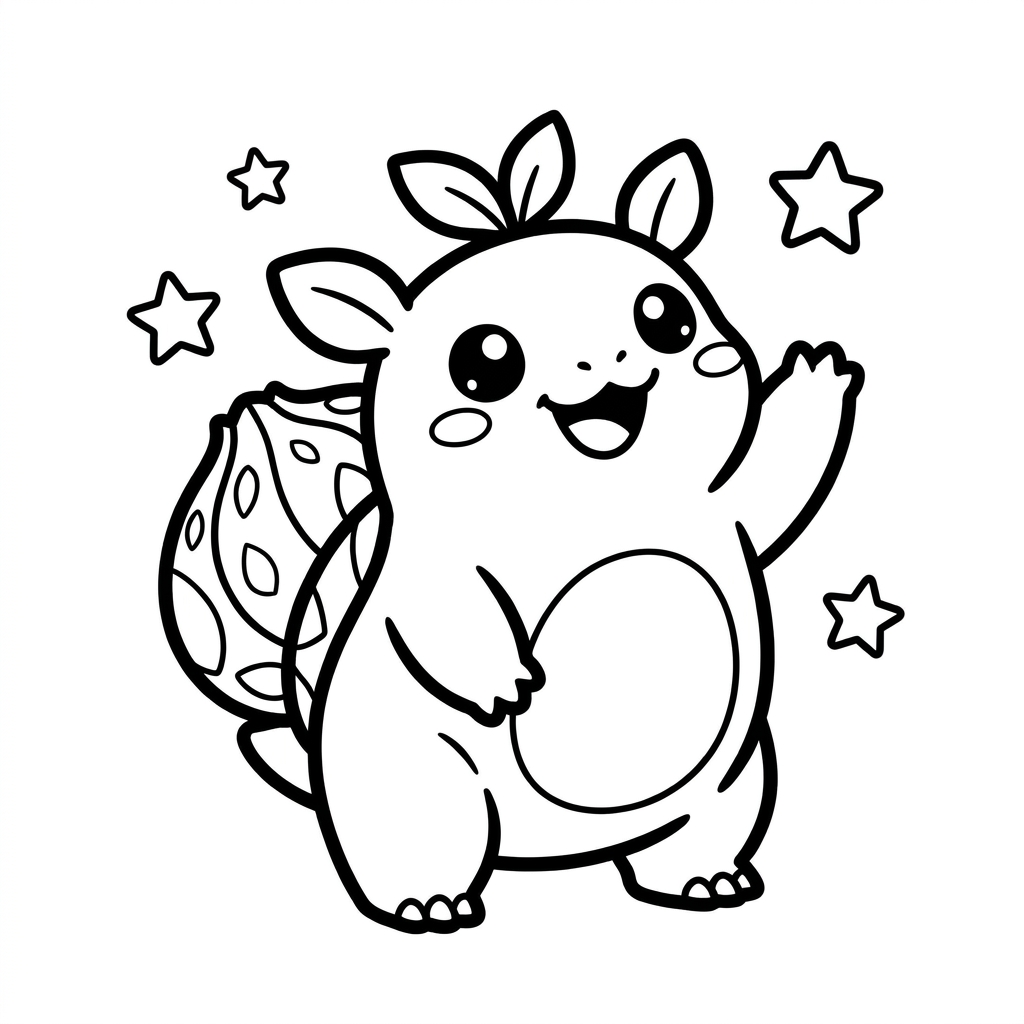 Bulbasaur coloring page standing on hind legs waving goodbye happily with star shapes